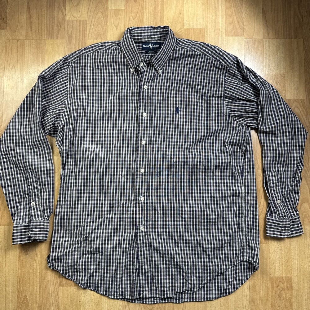 Ralph Lauren Blake Button Down Shirt Mens L Blue Plaid Cotton Long Sleeve Pony‎